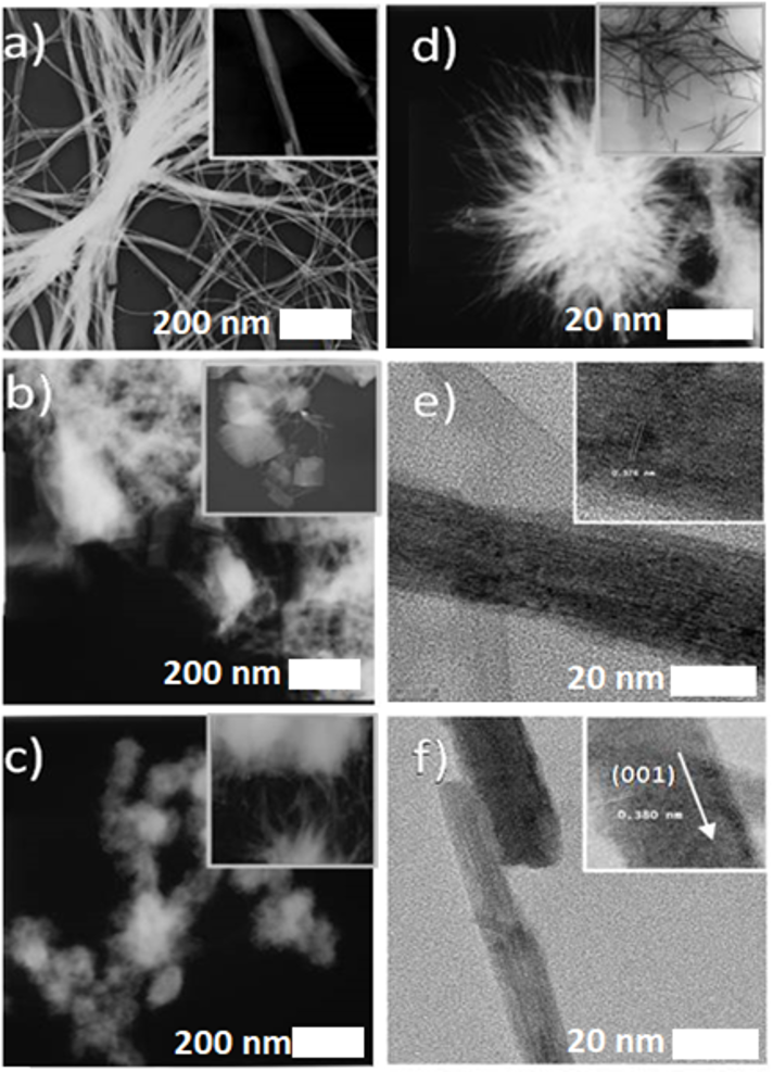 Imágenes HRTEM de nanoestructuras de óxido de tungsteno sintetizadas. Sistema WCl6 / etanol a (a, e) 10 hy (b, f) 24 h, respectivamente. Sistema WCl6 / etanol / ácido acético a (c) 10 hy (d) 24 h