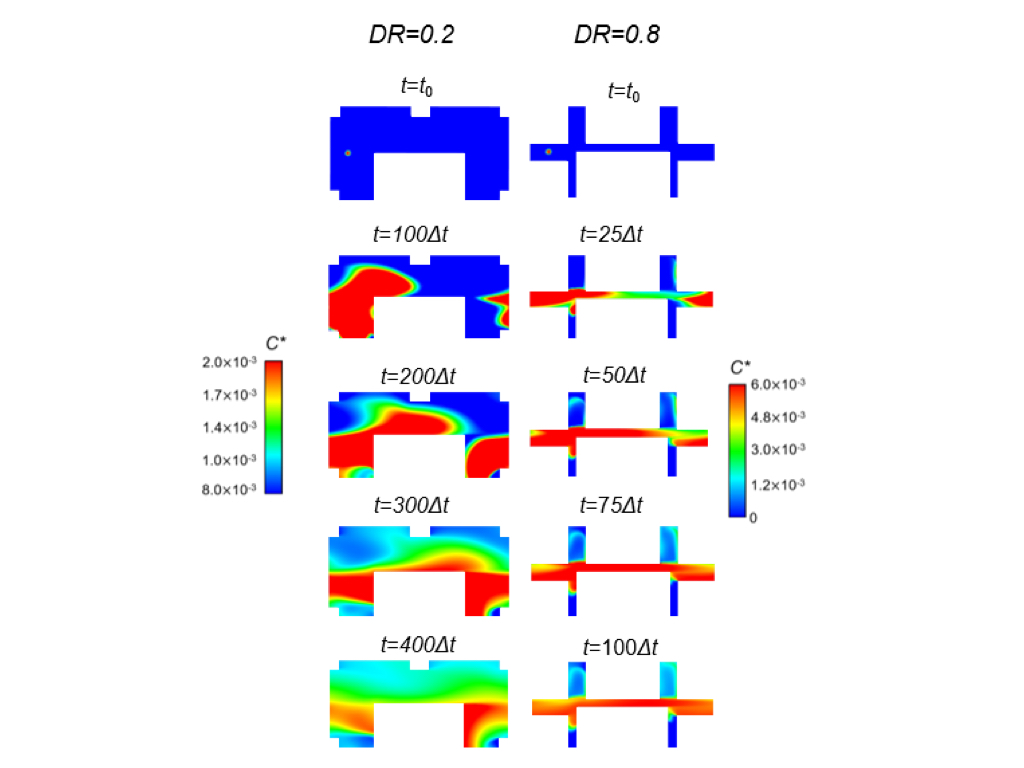 Temporal evolution of the tracer dispersion for DR = 0.2 and DR = 0.8.