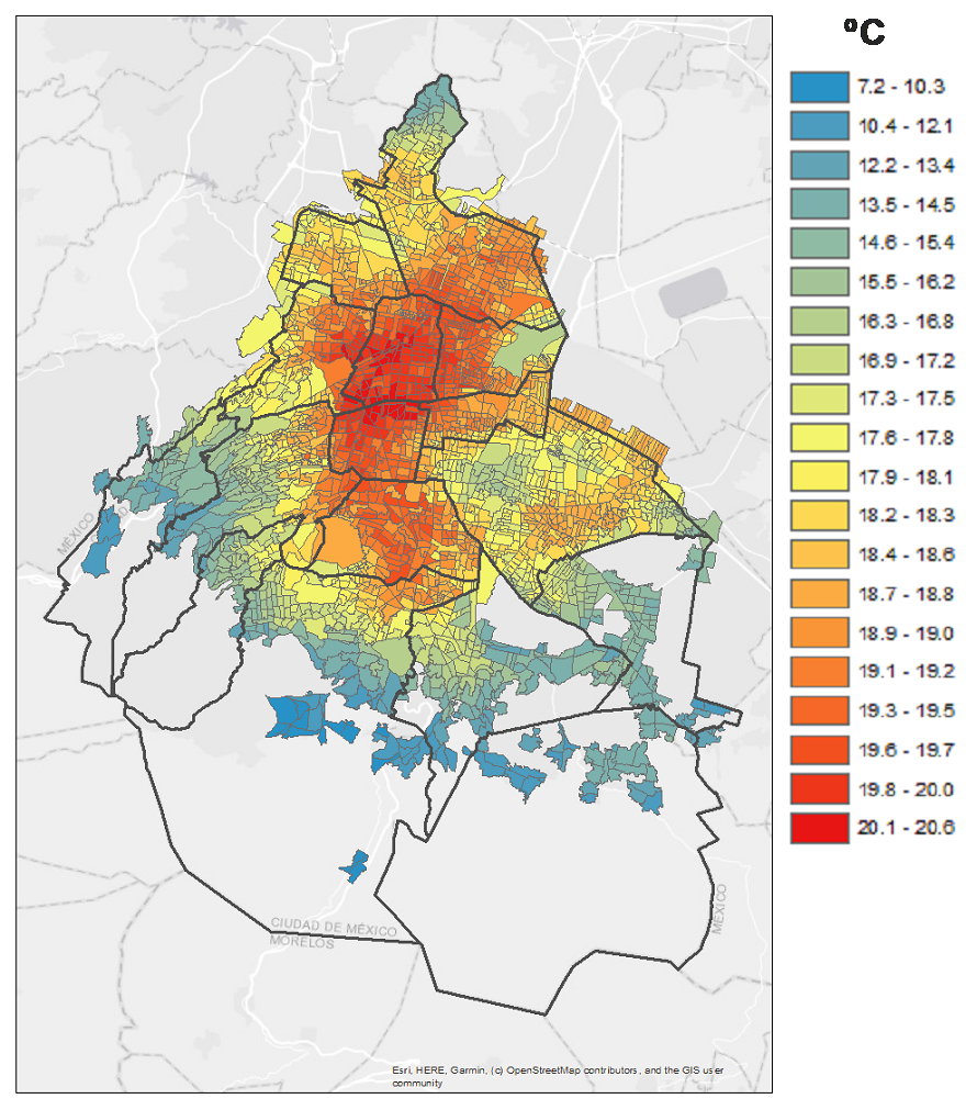 Mapa de temperaturas superficiales nocturnas por AGEB