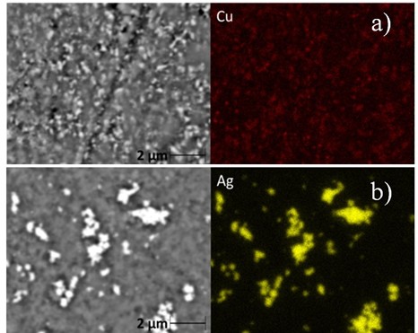 Elemental mapping analysis by X-rays of AISI 304 oxy-nitrocarburized stainless steel, a) with Cu deposition for 20 min at a potential of -800 mV, b) with Ag deposition for 20 min at a potential of -600 mV.