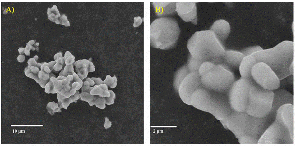 Micrografías MEB de partículas de CaTiO3 a diferentes magnificaciones: A) 5.19 kx, B) 20.5 kx.