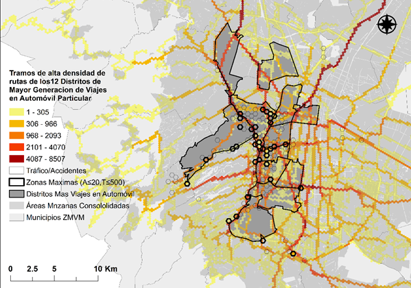 Concentration of high-density vehicular road corridors, derived from the 12 districts with the highest generation of trips, coinciding with maximum concentration zones of vehicular congestion and accidents. Prepared by the authors with processing in GIS from data from the Waze Platform CITMA, RNC and EOD 2017 INEGI