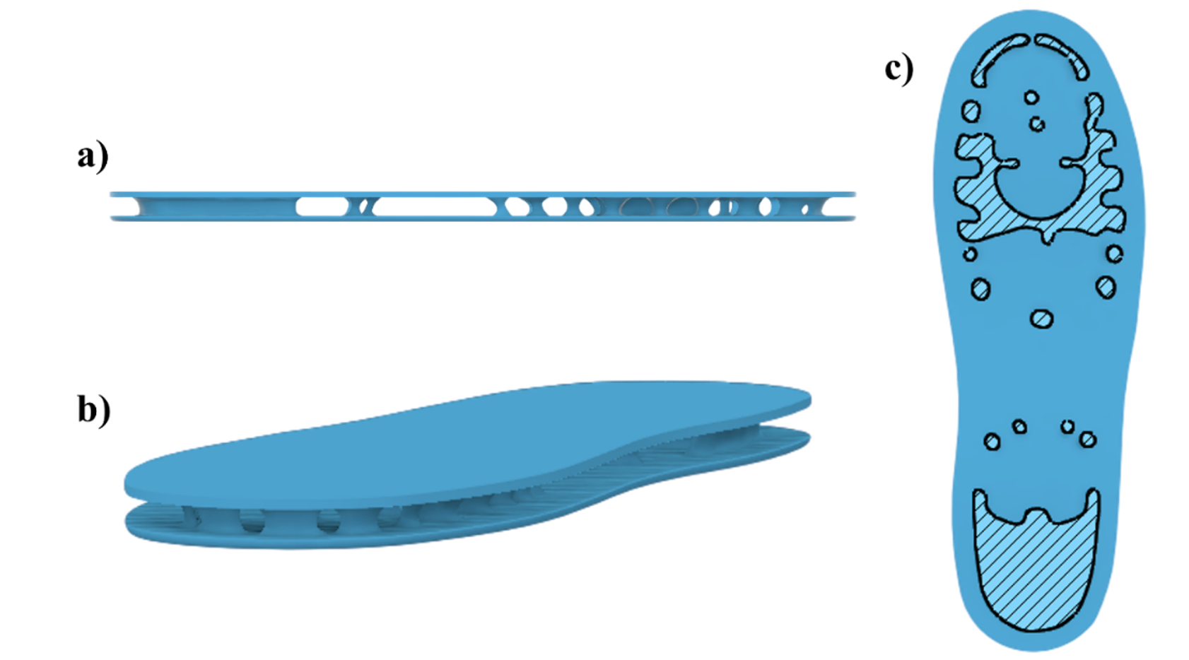 Orthosis (generative design). a) Lateral view. b) Isometric view. c) Top view (plane cut).