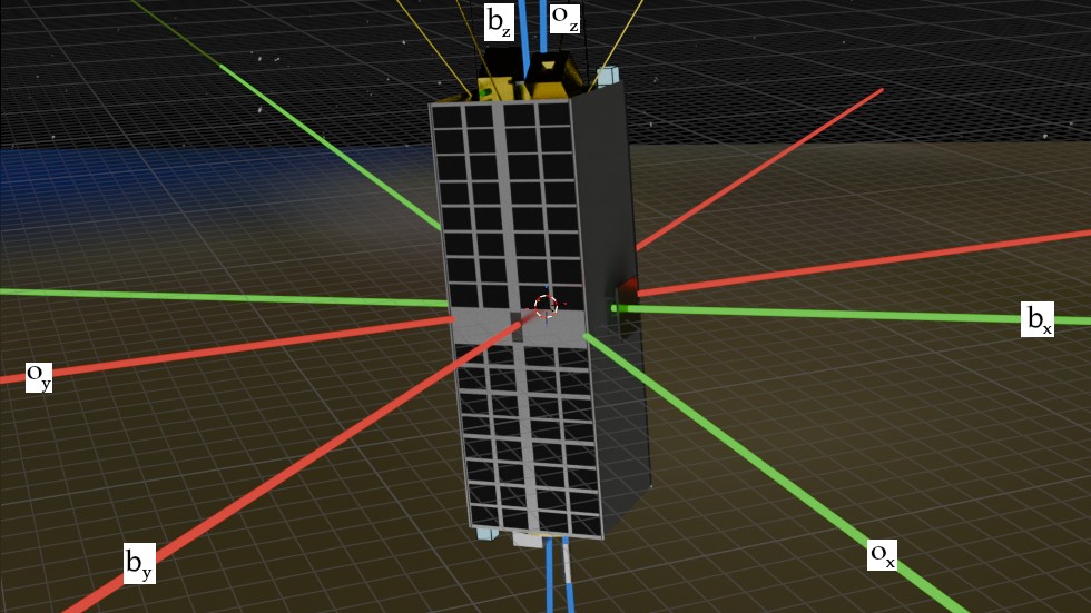 3D model of the ESEO satellite visually showing the coordinate axes of the orbital (o) and satellite (b) reference frames.