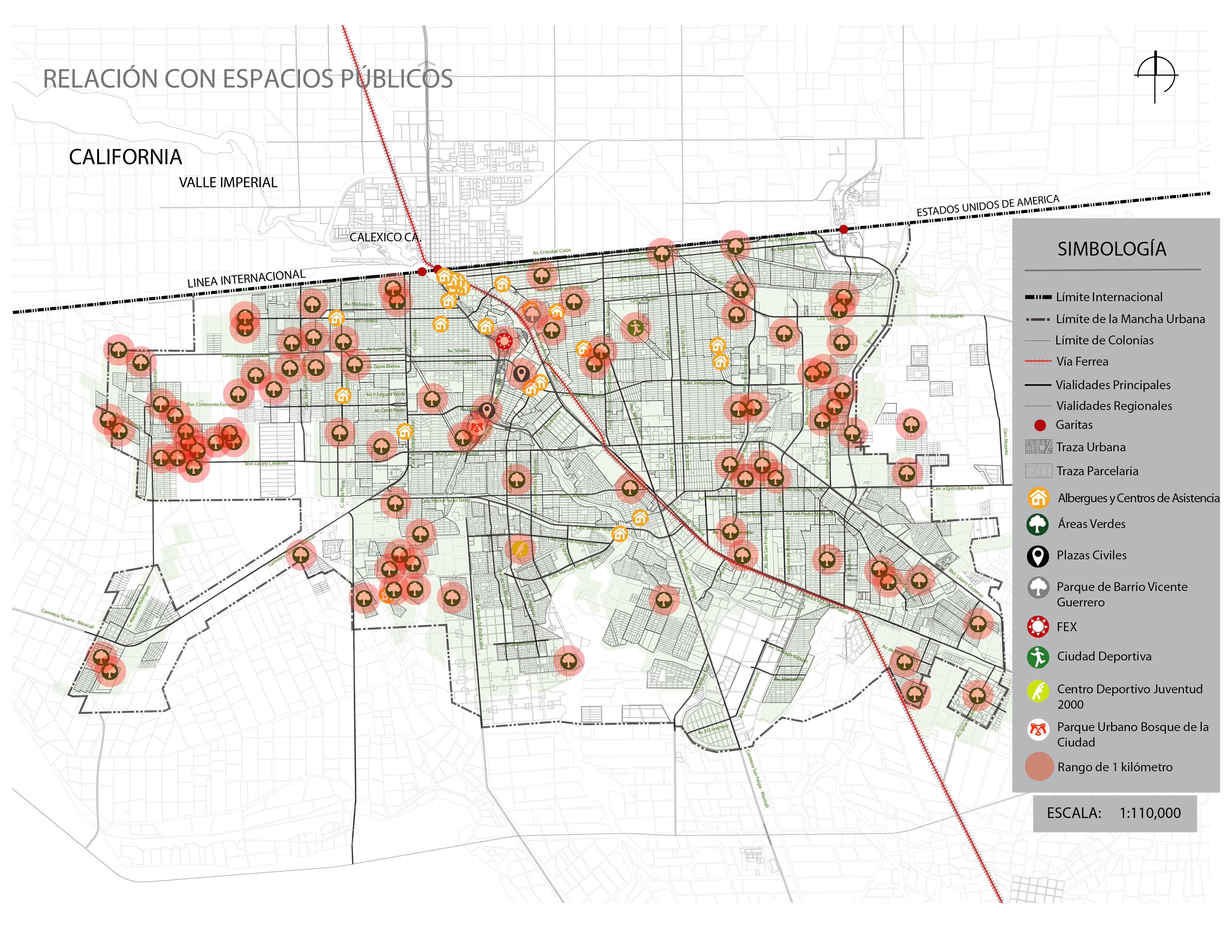 Relación entre el equipamiento dirigido a la población migrante y los espacios de esparcimiento en la ciudad de Mexicali. Fuente: autoría propia, 2021